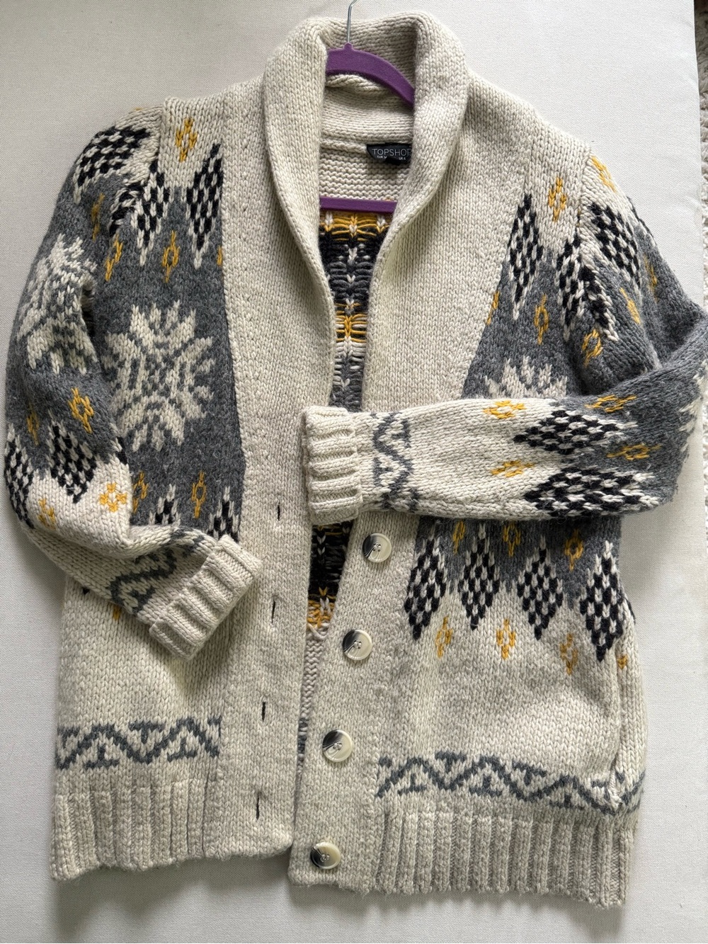 Topshop Cream, Gray & Mustard Fair Isle Shawl Collar Cardigan wool blend
